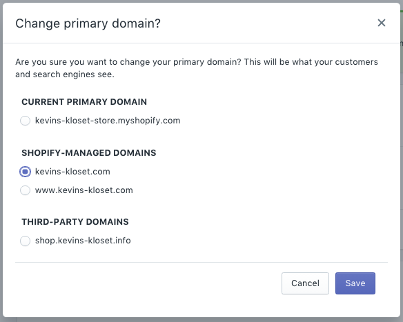 change primary domain for shopify store